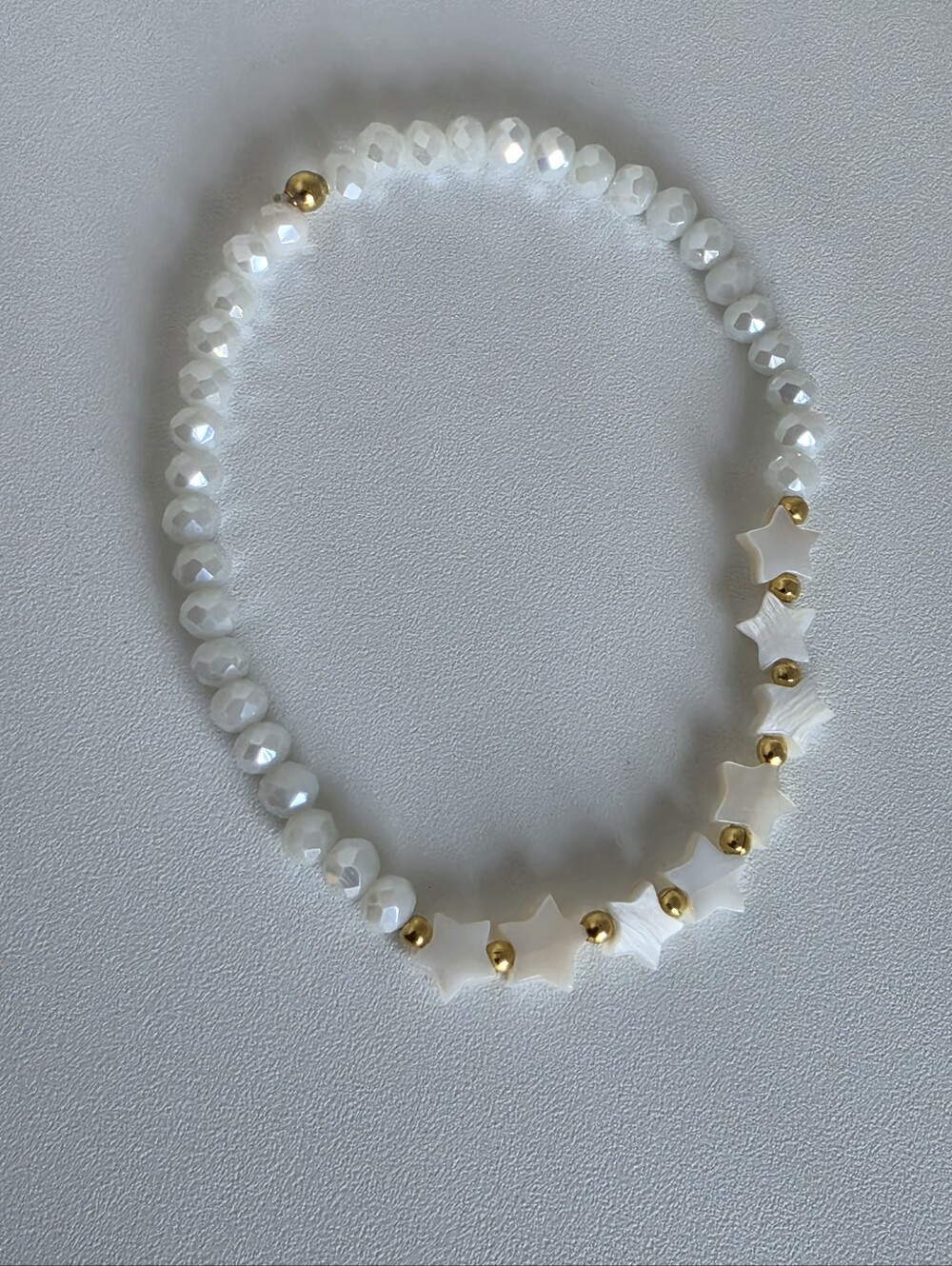 Handmade White Crystal & Star Beaded Stretch Bracelet Gold Accent Boho